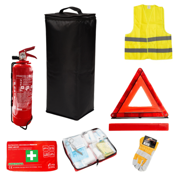 Premium Σετ Ασφαλείας και ΚΤΕΟ Αυτοκινήτου - με Φαρμακείο DIN & Πυροσβεστήρα Ξηράς Κόνεως